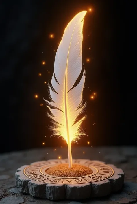 A slender white feather stands upright over a circular stone base, flickering with golden tendrils that spiral skyward. The delicate plumes glow at the edges, evoking fire magic spell art meeting airy grace. Encircling runic carvings line the base, forming...