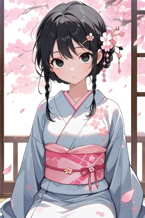 (Best quality), (Very beautiful), (Super detailed), (Best illustration), Iro-tomesode, 1 woman, (female ), braided hair, black hair, bun hair with a hairpin, upturned eyes, black eyes, ( body shape), kimono, cherry blossoms in full bloom, gently falling pi...
