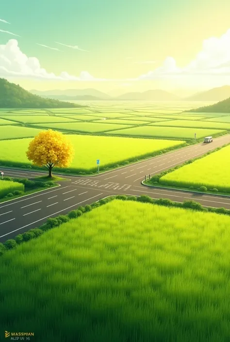 rice paddy, Highway  ,flowering senna tree 5 stems