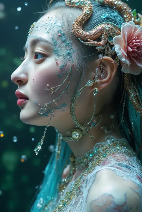 She is indescribable beautiful, ethereal, electrical effects, her skin has chameleonic properties, cuttlefish and octopus, flowers earth butterflies birds., you don't need clothes or jewelry or create them with the elements of your environment, A stranger ...