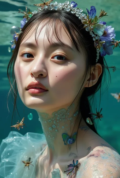 She is indescribable beautiful, ethereal, electrical effects, her skin has chameleonic properties, cuttlefish and octopus, flowers earth butterflies birds., you don't need clothes or jewelry or create them with the elements of your environment, A stranger ...