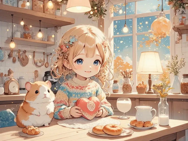 (Amidst a cozy Nordic café, bathed in the amber glow of the early evening sun, sits a young girl with golden curls cascading down her shoulders. She wears a woolen sweater in soft pastel hues, reminiscent of skies at dawn. Her face is lit up with the innoc...