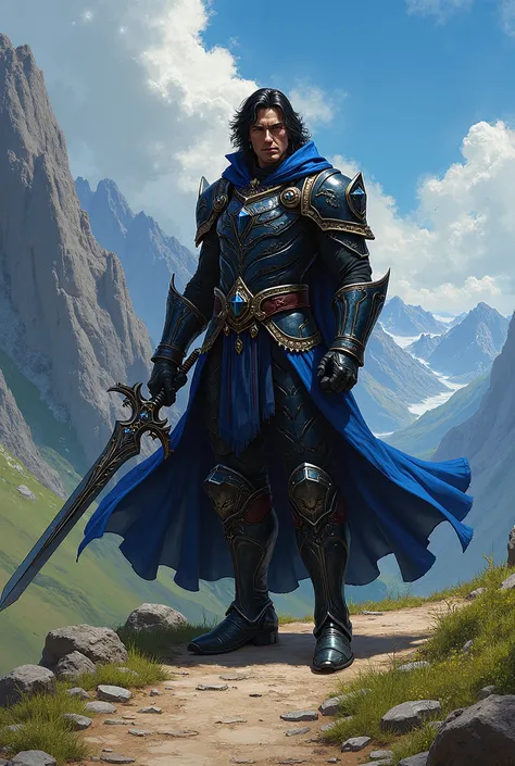 In RPG style, in style of Warhammer 40000: Rogue Trader, in style of fantasy painting. Full body view, looking at the viewer. Image of a male aristocrat psyker, holding Power Sword. Dark hair. Dark power armor with dark blue elements. Wearing dark brown Cl...