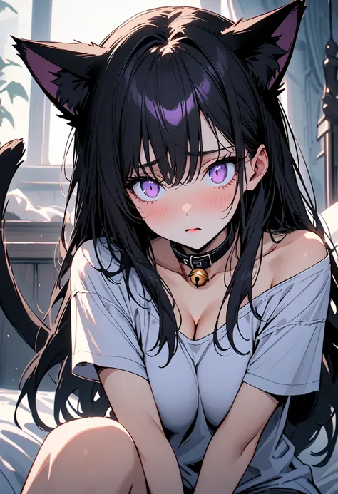 single woman,  sitting on the bed , long t-shirt,  big boobs, Young,  purple eyes,  constricted pupils ,  long straight black hair,  cat ears, cat tail, confused, morning, with seated , very cute,  BOUQUET, close up,  cleavage, a bare shoulder , hugging th...