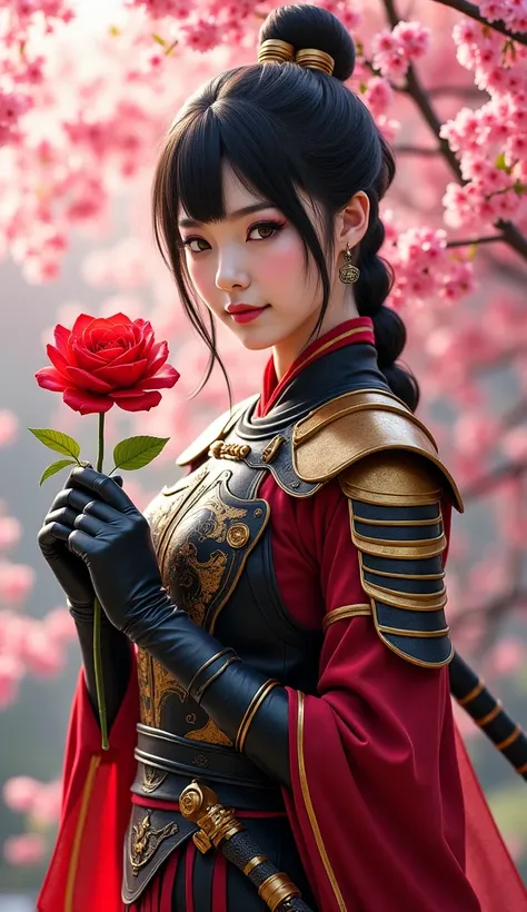  An oriental warrior holds a red rose in a cherry blossom garden ,  showing a mix of strength and delicacy .

 The image presents an oriental-style warrior with pale skin and a slight blush on her cheeks, which suggests vibrant health .  Your almond-shaped...