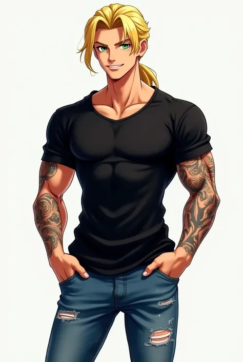 Zoisite anime man smiling ,  green eyes,  long wavy blonde hair,  tied in a low and long ponytail,  toned body, with tattoos on his torso and arms ,  dressed in a black t-shirt and frayed blue jeans with rips, guapo sexy,  with hands in the pockets , cuerp...