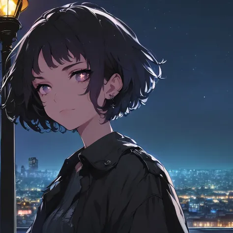 masterpiece, best quality, 8K wallpaper,  anime illustration,  PIXIV CONTEST WINNERS,  Super Fine, one girl,  starry sky , City,  dark hair,  short hair, Street lamp,  Ultra high fine pupil, Punk Style, stage,  Seated ,  portrait