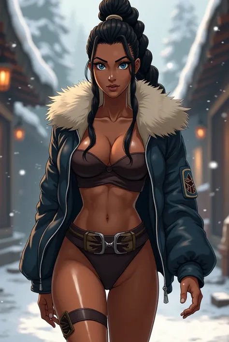 Katara, avatar last air bender, slim thick, , long braided pony tail, symmetrical face, big blue eyes, dark skin, fur jacket, exposed thighs and legs, walking down the village (upscale) (high quality) busty body.