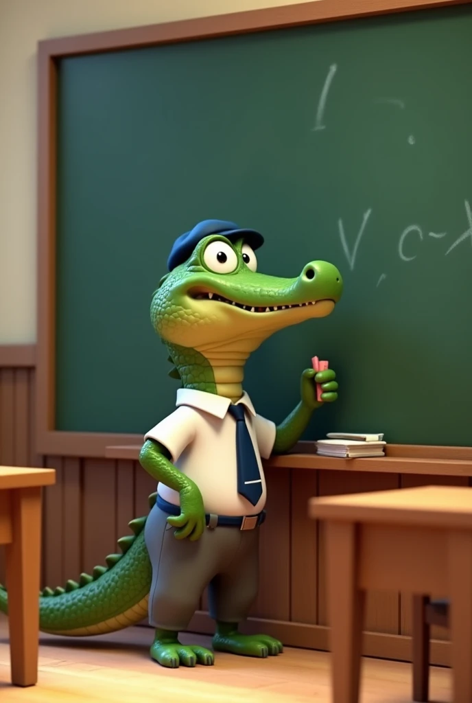 Crocodile from Tumbes animated in 3D wearing school uniform and writing on a blackboard 