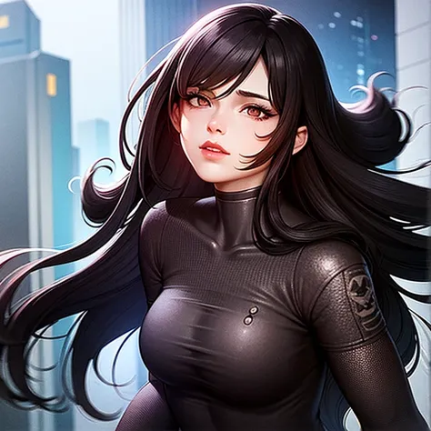 A futuristic, cyberpunk-style character stands confidently in a dynamic pose. She is a tall, athletic Asian woman with a powerful Amazonian build. Her long, flowing black hair frames her intense eyes, the only visible part of her face, as a sleek black mas...