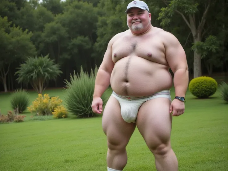  fat man、50 years old、Fat、fat、 Japanese、 Asian、 white socks、Rubber boots、naked、Glasses、Breeder's Hat、 panda 、 panda を触っている、 jockstrap、Nipples、Body hair、zoo、lawn、 super detailed、 anatomically correct、smile