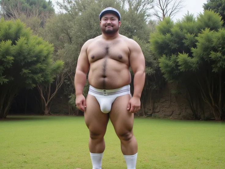  fat man、50 years old、Fat、fat、 Japanese、 Asian、 white socks、Rubber boots、naked、Glasses、Breeder's Hat、 panda 、 panda を触っている、 jockstrap、Nipples、Body hair、zoo、lawn、 super detailed、 anatomically correct、smile