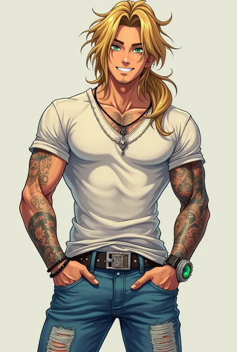 Zoisite anime man smiling ,  green eyes,  long wavy blonde hair,  tied in a low and long ponytail,  toned body, with tattoos on his torso and arms , dressed in a rocker t-shirt and frayed blue jeans with rips, guapo sexy,  with hands in the pockets , cuerp...