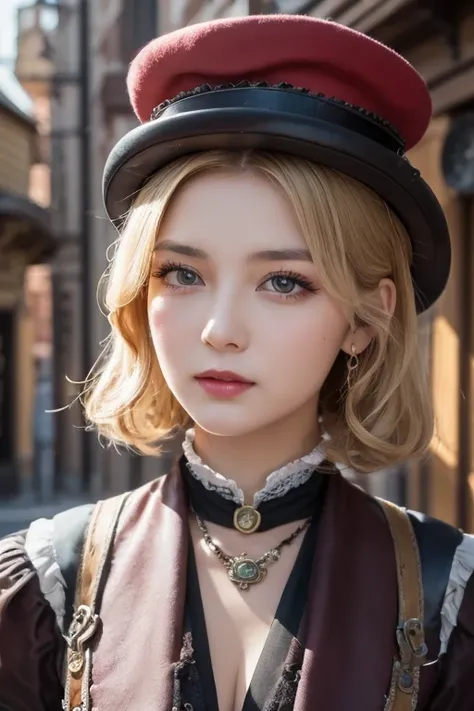 close-up,  blond short curly  girl with straight hair little red hat, Necklace Watch, (  Victorian Era ), (( steampunk)),   cinematography , Worked,  elegant , Close up portrait of ,  amazing,  Maximum Details ,  Extremely Hyper Aesthetic ,  Charming Eliza...