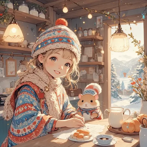 Envision a rustic hut tucked amidst rolling hills blanketed with pure white snow, where warmth is a friend, not a season. Within its walls, a charming young girl (a girl whose eyes shine like the northern lights with a sparkle of joy and mischief. Her Nord...