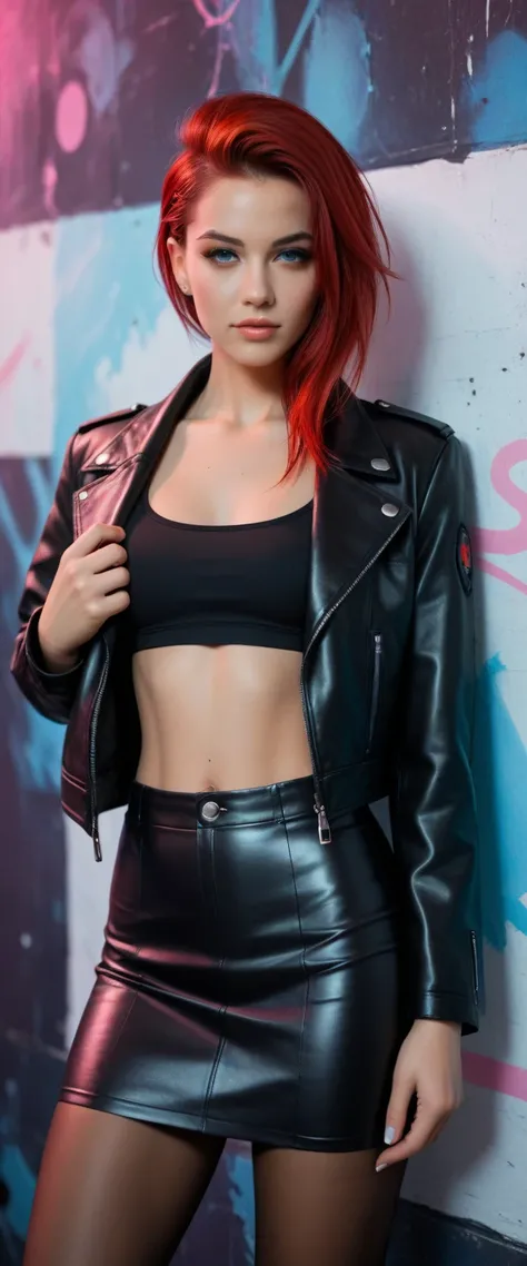  score_9_ up ,  score_8_ up ,  score_7_ up , Abstract,  1 girl, alone, Age 25,  PERFECT FACE IN DETAILS, Close view ,(adult), sexy,Red Hair, stares at viewers, leather jacket, black crop top,  cyberpunk, portrait photo, beautiful eyes, cowboy shot,  cyberp...