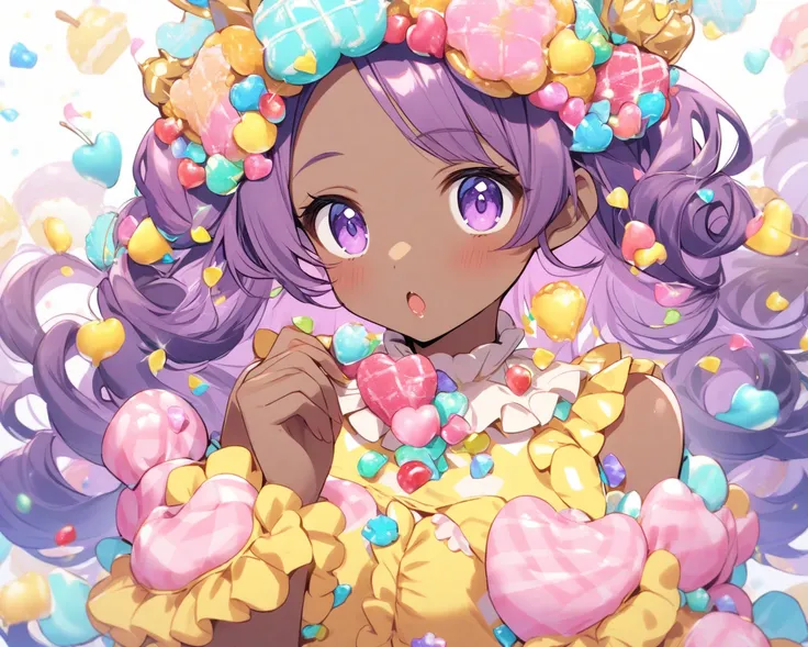 a girl with dark skin , with curly purple hair ,  with pastry clothes in the colors yellow pink and cyan,  With the theme of candies and a cherry crown  