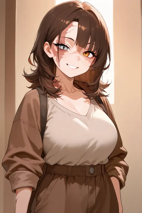 1 girl, brown medium hair, small eyes, tall, looking at viewer, smile, scar on left face, burn scar on left face, odd eye, brown right eye, grey left eye, mesugaki, mature