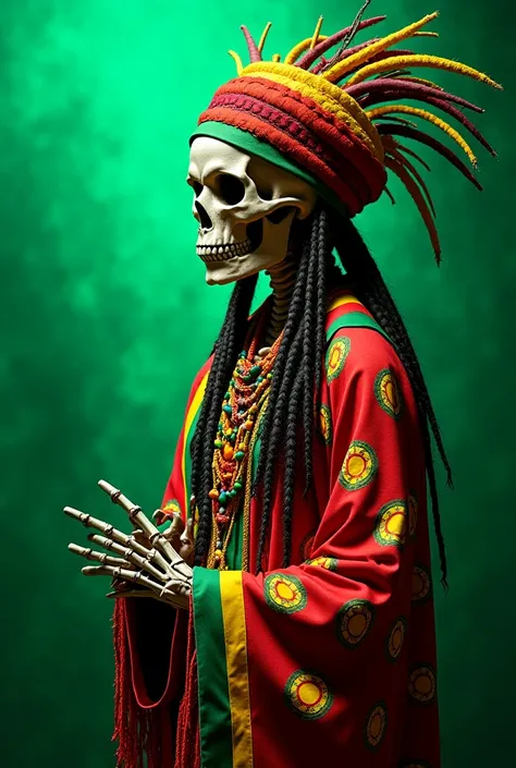 Image of the Holy Death wearing a rasta costume and emerald background