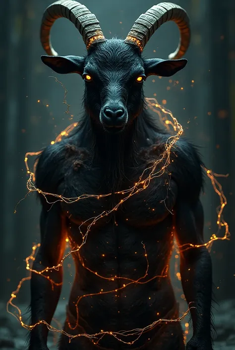 Umanloid black goat ,  tied in a bunch of energy wires with the body covered with energy wires, album cover realistic image realistic image  