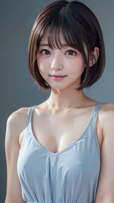  very cute girl 、、 bob cut、 gray hair、  reduces hair volume 、  blue background 、 upper body、( upper body写真:1.5)、 eyes focus、  collared shirt 、Laughter、、(8k、 RAW Photo 、 highest quality、 Masterpiece:1.2)、( by Nomi、 by Nomi:1.3)、、 The Depths of the Written W...