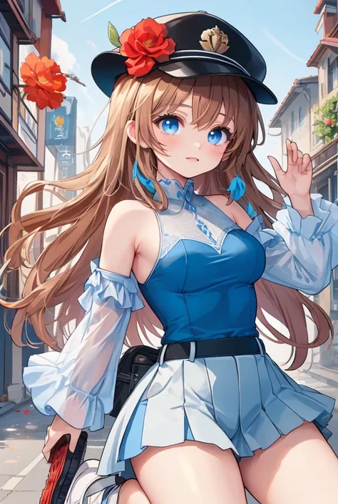 1 girl,   long hair, (  Brown hair1 .2), ( blue hair0 .6),  blue eyes,  pretty face,   looking at the camera ,  (( big red flower on the head)), gorra white with blue, ((gorra white)), [[blue cap]]   blue dress   ((  blue shirt )), [[  white ]], heart type...