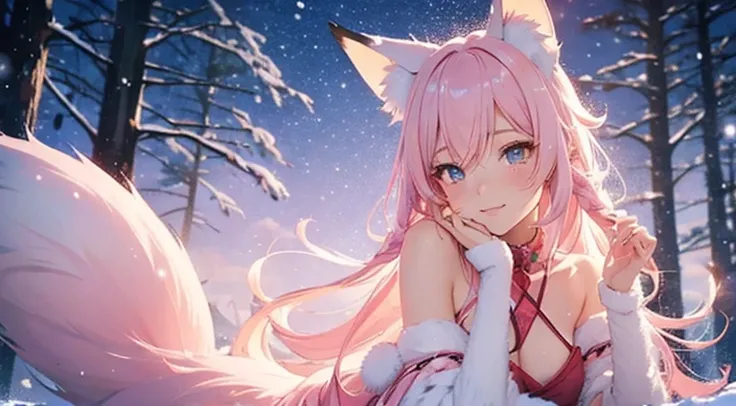  cute girl, light pink hair,  Fox ears ,  Fox Tail ,  Detailed Lighting,  anime , Hand drawing, snowy background, Christmas clothes with bare shoulders