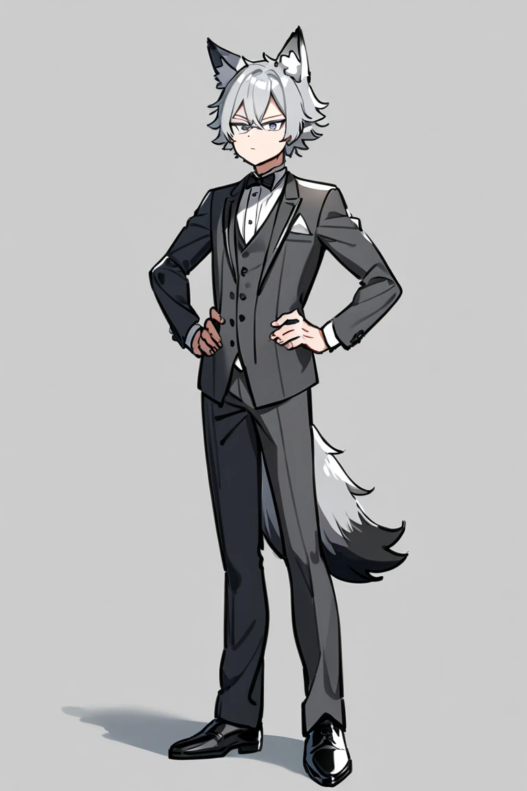 A boy, silver eyes, short silver hair with black tips, ash gray tuxedo, black dress shoes, gray wolf ears, wolf tail, hands on his hips