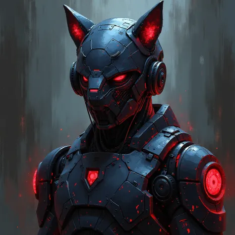 "Create an expressionist painting of a futuristic helmet robot with a striking, intricate cybernetics wolf mask featuring mechanical details. urban style. Use bold, expressive brush strokes to evoke emotion, incorporating a palette of stark ruby, blacks, a...