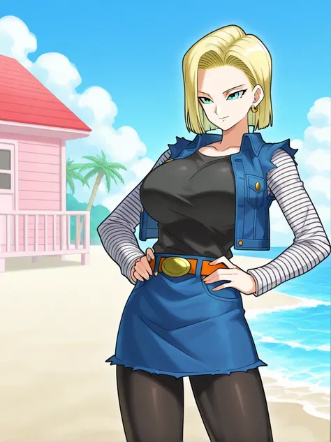  Masterpiece, highest quality,
18ill,  1 girl, Alone,   medium hair ,   jewelry,  earrings,  viewers,  big breasts, Chest, belt, denim jacket,  denim skirt,   brown footwear,   hands on your hips,  black shirt ,   beach, day, blue sky,   light smile,  stri...