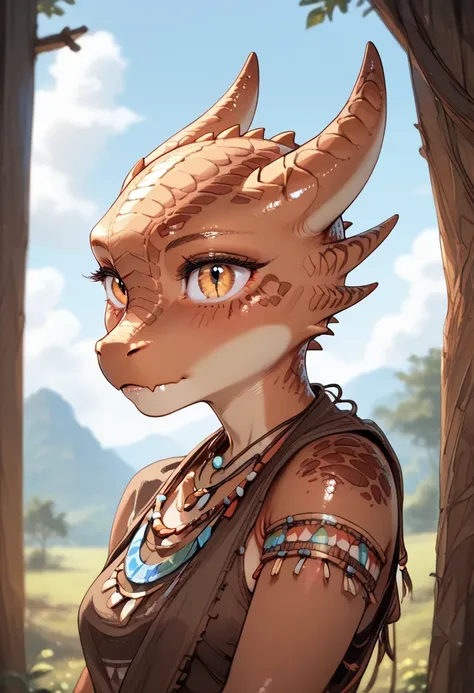  solo female, brown skin, brown scales, (((Kobold)), (detailed kobold)) wearing a adventure equipament , a tribal clothes , character design, 