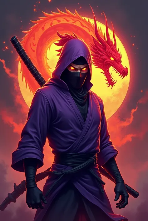 Create a game logo featuring a ninja god, a purple shirt, red hair with eyes releasing flames, holding a katana sword, wearing a costume like a god in heaven, with a shadow of orange, neon on the back.\n and has the active gesture of a demon ninja .
There ...