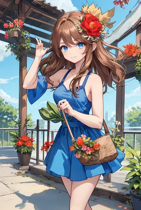 1 girl,   long hair, (  Brown hair1 .2), ( blue hair0 .8),  blue eyes,  pretty face,   looking at the camera ,  (( big red flower on the head)), gorra white with blue, ((gorra white)), [[blue cap]]   blue dress   ((  blue shirt )), [[  white ]], heart type...