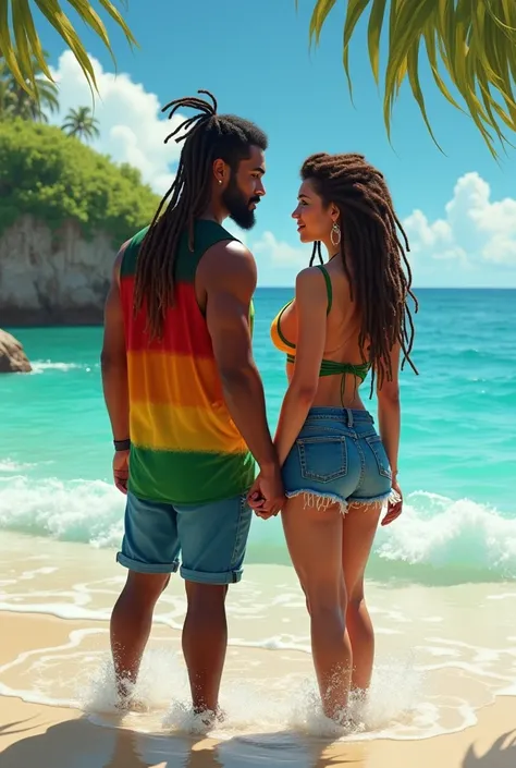 Crear un hombre con dreadlock hair,  sleeveless flannel in the colors of Jamaica ,  jean shorts and beach sandals, entering the sea with a girl with an angelic face, dreadlock hair,  big breasts,  small waist , hip and thick leg,  sleeveless flannel with c...