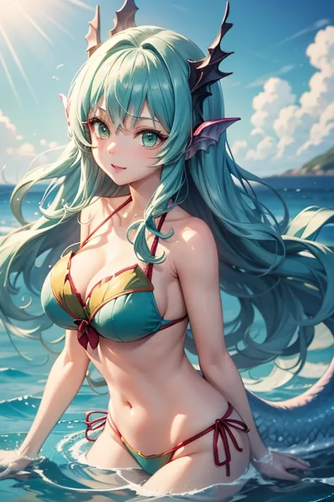  highest quality,   ultra high resolution,  anime style、(( girl)),seabed、 has a large three-pronged spear、 long wavy light blue hair、 green eyes、The Little Mermaid、 Upper Body Bikini 、Lower body tail fin