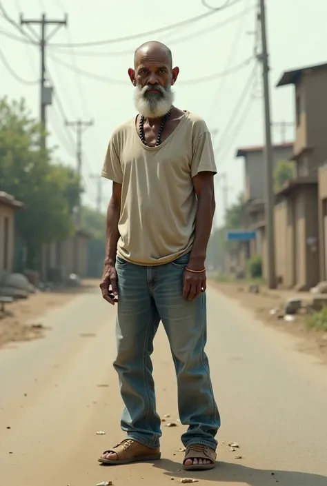 A skinny poor man shaved headed short beard in Jane's and t shirt standing on road side smoking cigarette