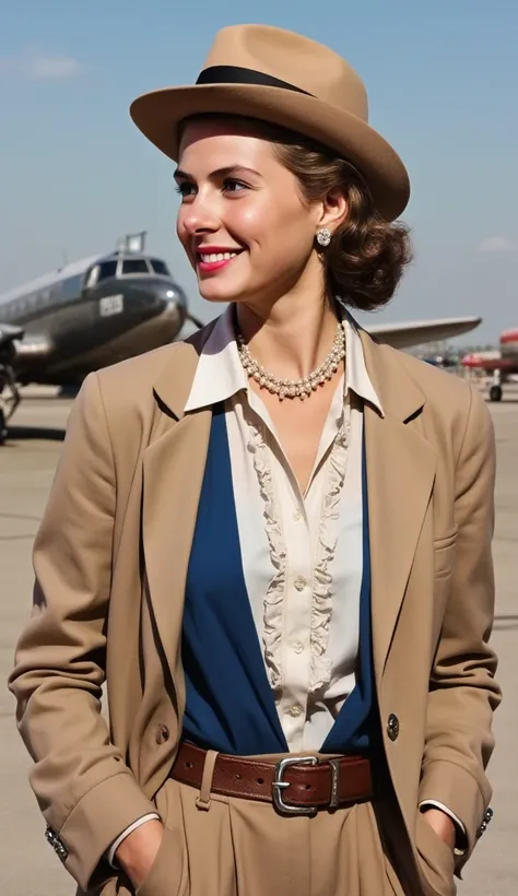 Side view, cowboy shot, standing pose, looking at  viewers, name is   Ingrid Bergman,  (Golden classic middle hair, smile, pearl earrings and  neckless, old beige hat with brim) , (white blouse with frill, blue Jacket and middle  blue skirt, beige long coa...