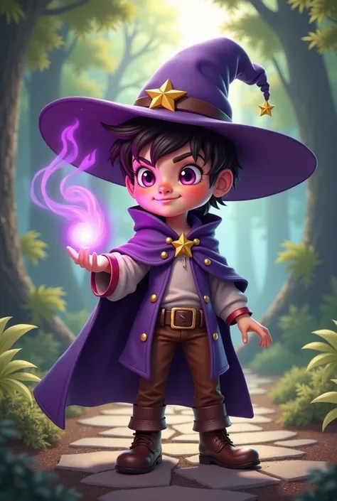 Create a character that is a young, adventurous wizard apprentice. The character should be depicted in a magical forest setting, with a mystical and enchanting atmosphere. Here are the details:

Appearance: The character is a young boy with short, dark bro...