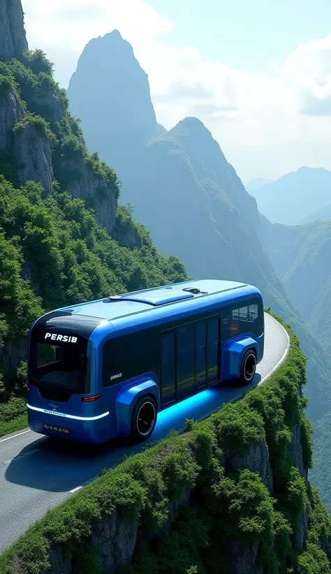 Build a cool blue bus and light blue lights underneath and write Persib on the side of his bus and head to the top of the green mountain with lots of trees