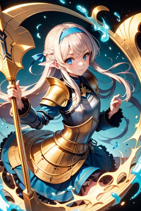  highest quality,   ultra high resolution、(( girl)), has a scythe、 Long Golden Hair, blue eyes, Alice in Wonderland、Armor-like costume、 blue headband