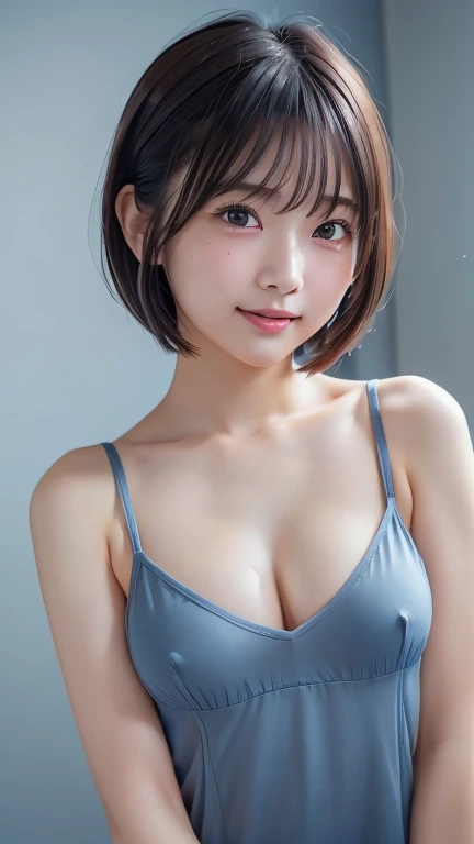  very cute girl 、、 bob cut、 gray hair、  reduces hair volume 、  blue background 、 upper body、( upper body写真:1.5)、 eyes focus、  into the snow from above、Laughter、、(8k、 RAW Photo 、 highest quality、 Masterpiece:1.2)、( by Nomi、 by Nomi:1.3)、、 The Depths of the ...