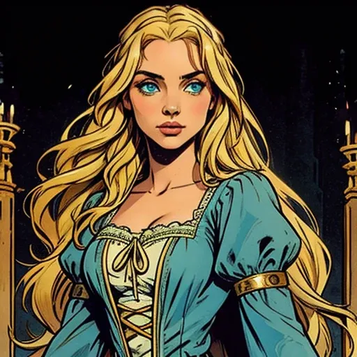 Young beautiful medieval girl. with green eyes and long blonde hair. Wearing a light blue victorian dress