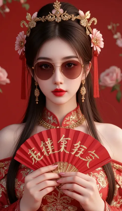  masterpiece， Surrealist 3D scene ，gold foil rendering，Gold Dust，Splash，8k， Rich Details ，Chinese New Year characters ， An ancient Chinese girl ， have long flowing hair， wearing red cheongsam ，Curly hair， wearing gorgeous jewels ，Wearing sunglasses， holds ...