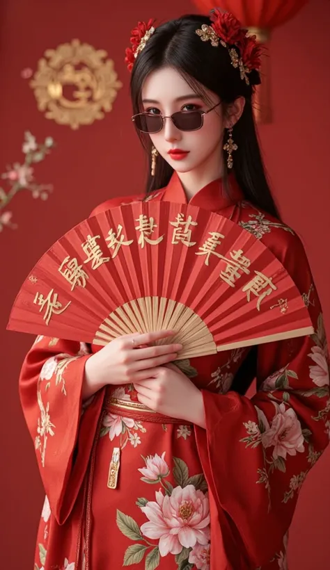  masterpiece， Surrealist 3D scene ，gold foil rendering，Gold Dust，Splash，8k， Rich Details ，Chinese New Year characters ， An ancient Chinese girl ， have long flowing hair， wearing red cheongsam ，Curly hair， wearing gorgeous jewels ，Wearing sunglasses， holds ...