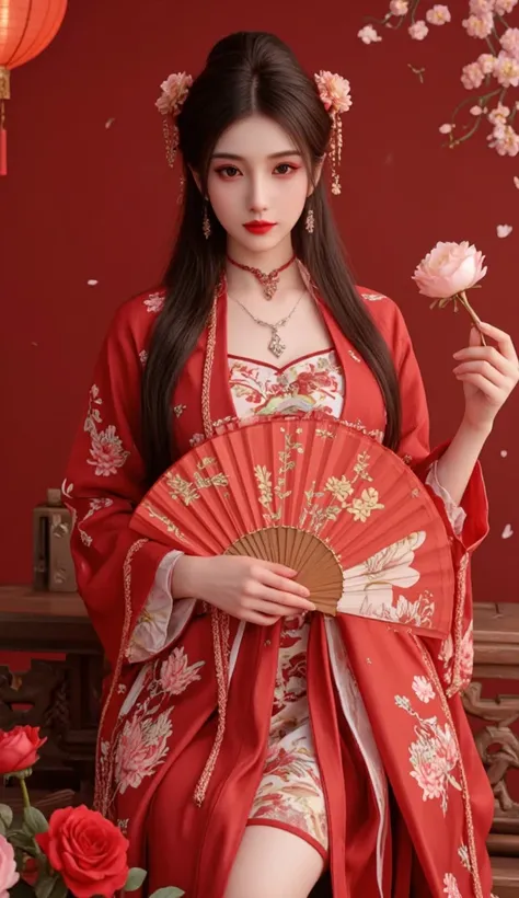  masterpiece， Surrealist 3D scene ，gold foil rendering，Gold Dust，Splash，8k， Rich Details ，Chinese New Year characters ， An ancient Chinese girl ， have long flowing hair， wearing red cheongsam ，Curly hair， wearing gorgeous jewels ，Wearing sunglasses， holds ...