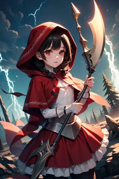  highest quality,   ultra high resolution、(( girl)), completely naked. battle axe that wears lightning、 semi-long black hair, brown eyes, Little Red Riding Hood,Red and white costume that looks like armor、Desolate Forest ,