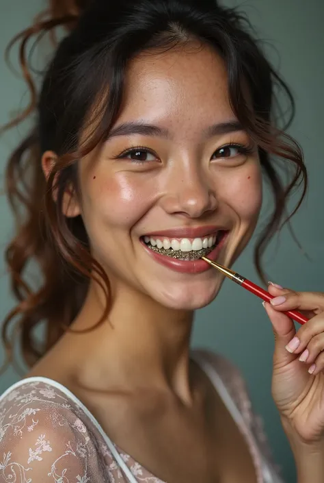 A woman trying to paint biting an intricate paintbrush permanently glued between her teeth and her hands tied behind her back and smiling while biting the intricate paintbrush permanently glued between her teeth 