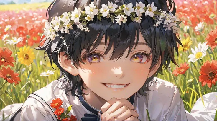  black hair、Silver Eyes、  boy、Sit in a colorful field of flowers、 flower crown on the background 、Hold a flower and look at the camera smile smile、Deacon&#39;s uniform