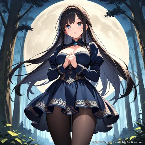 8k, Masterpiece, best quality, ultra detailed, high resolution, super fine illustration, perfect fingers and hands, beautiful eyes and face, 1girl, solo,dark fantasy, dress, skirt, pantyhose, forest background,moon night,