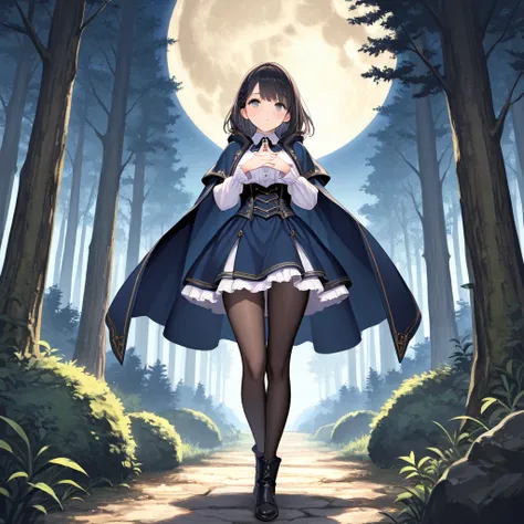 8k, Masterpiece, best quality, ultra detailed, high resolution, super fine illustration, perfect fingers and hands, beautiful eyes and face, 1girl, solo,dark fantasy, dress, skirt, pantyhose, forest background,moon night,